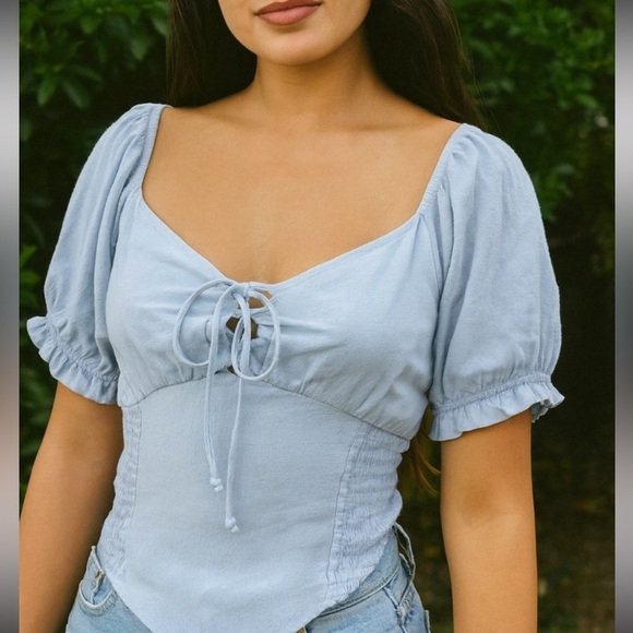 Stitch & Time Tops - Stitch & Pine Blue Smocked Crop Blouse with Tie Front  Size Large